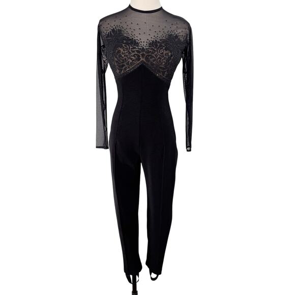 Vintage Tadashi Shoji 1980s Embellished Jumpsuit Black Stirrups Catsuit Size XS - Picture 1 of 13